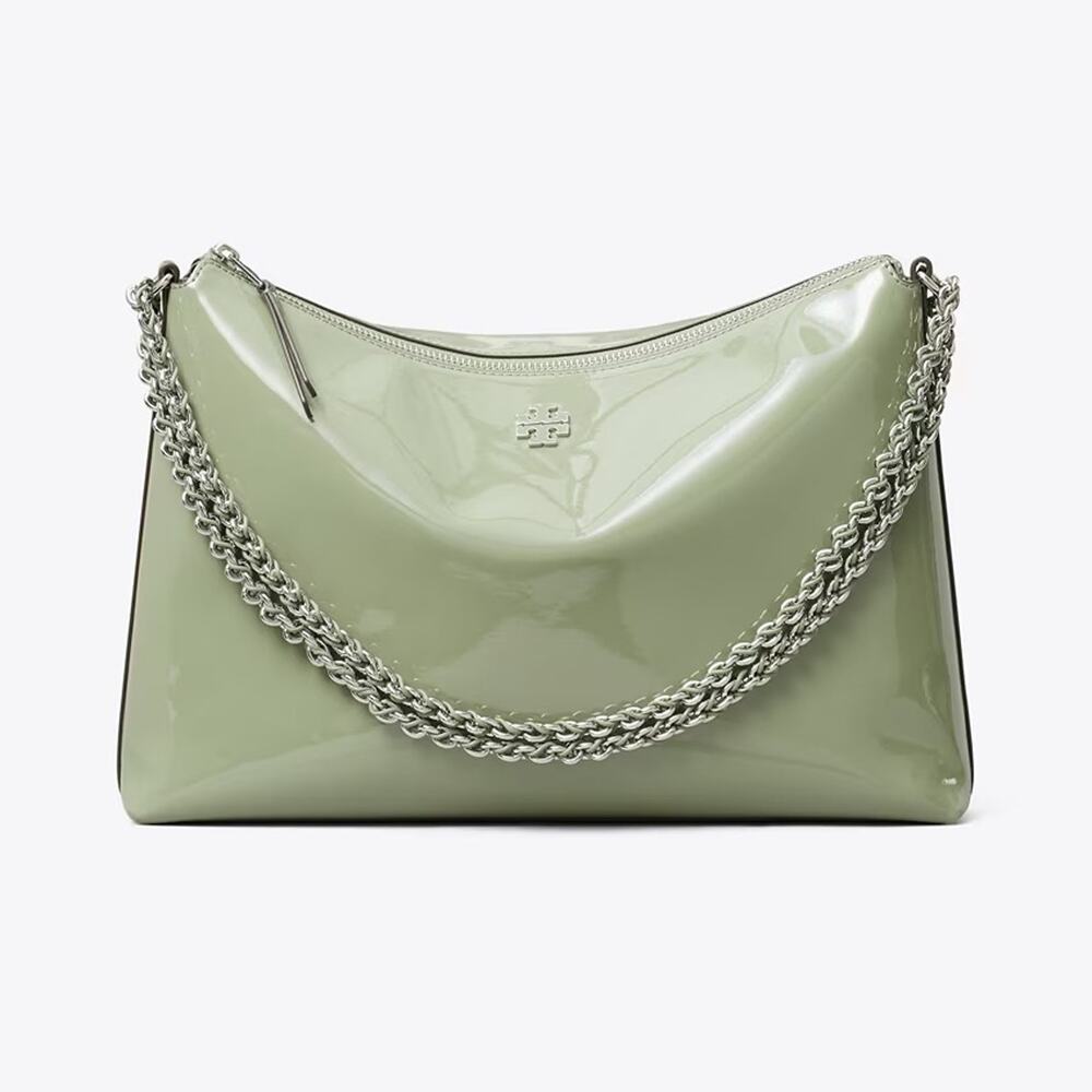 Tory Burch Britten Patent Zip Shoulder Bag 180199 Light Jade $575